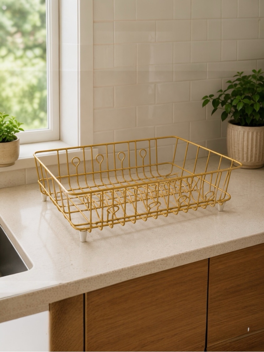 Vintage Rubber Coated Wire Dish Drying Rack Yellow Countertop Sink Drainer large